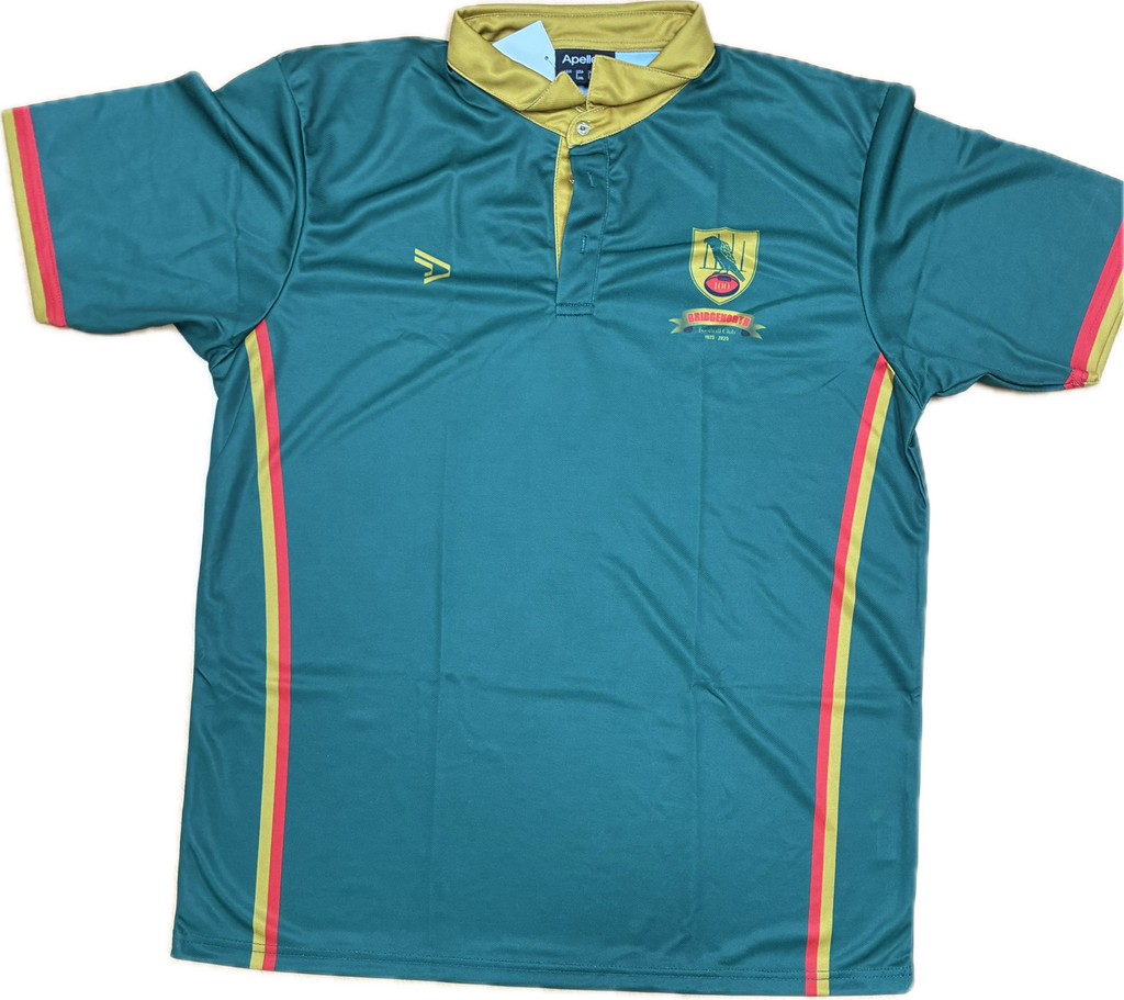 Green polo with red and yellow accents on a white background