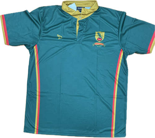 Green polo with red and yellow accents on a white background