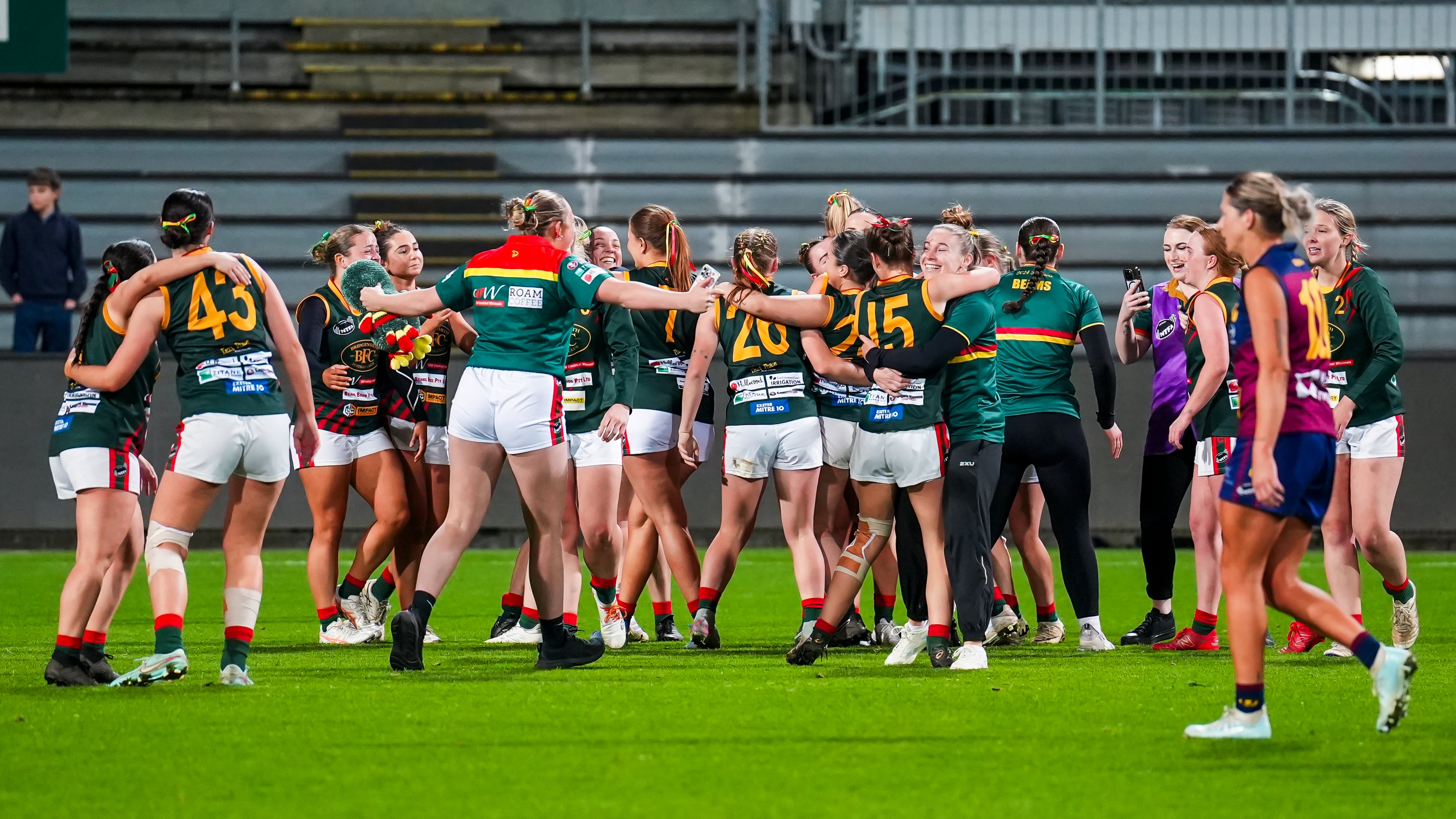 Bridgenorth womens team celebrating the 2025 grand final win at UTAS stadium