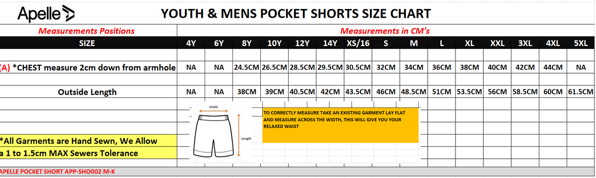 Appelle Youth & Men's Pocket Shorts Size Chart with measurements
