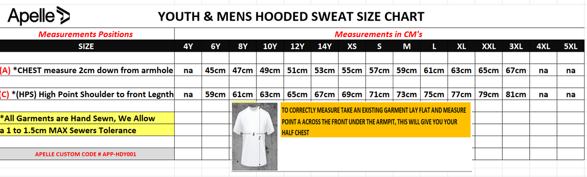 Apelle Youth & Men's Hooded Sweat size chart with measurements