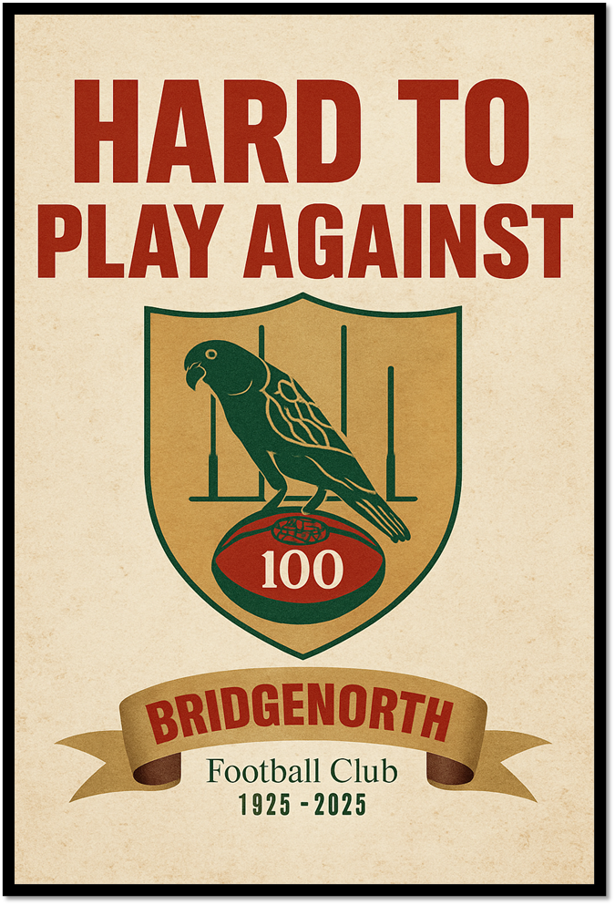 Vintage-style poster for Bridgenorth Football Club with a green parrot emblem and text.