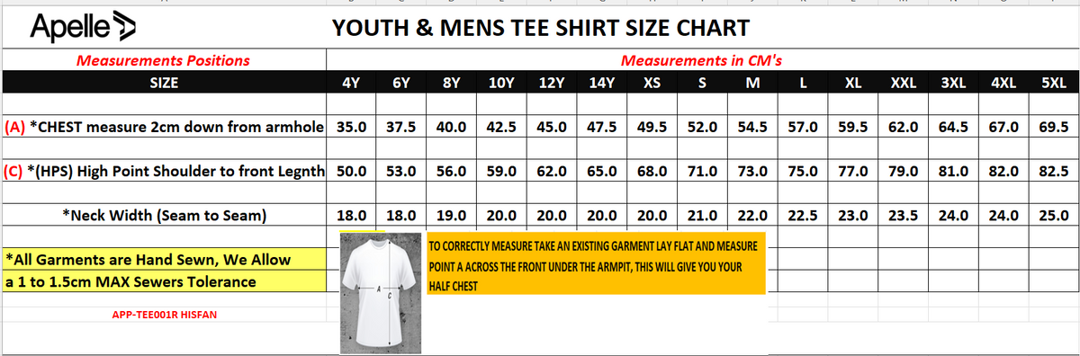 Apelle Youth & Men's Tee Shirt Size Chart with measurements 