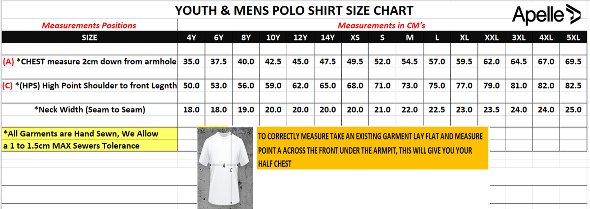 Apelle Youth & Men's Polo Shirt Size Chart with measurements 