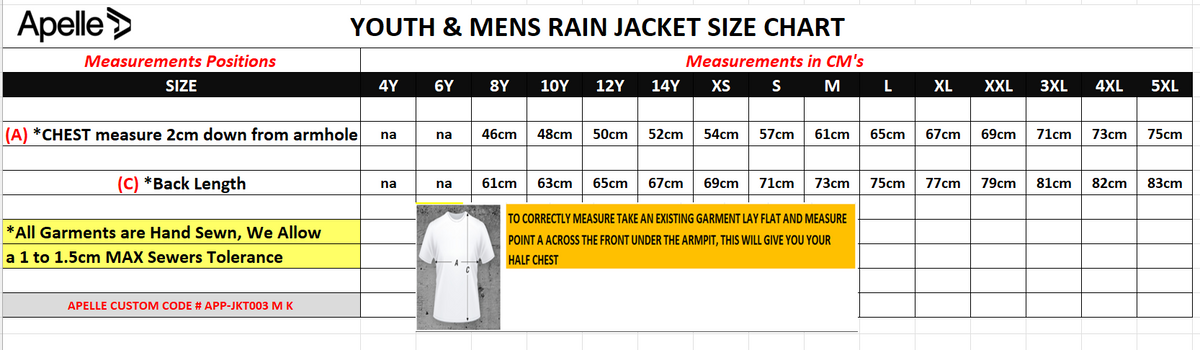Size chart for youth and men's rain jackets by Appelle with measurements 