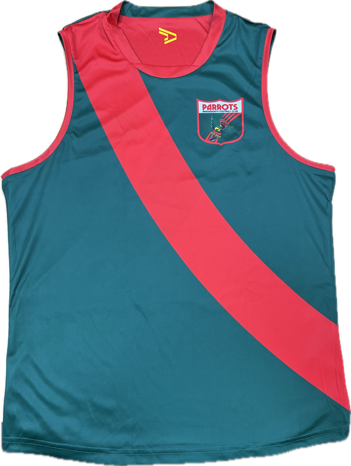 Teal and red guernsey with a logo on a white background