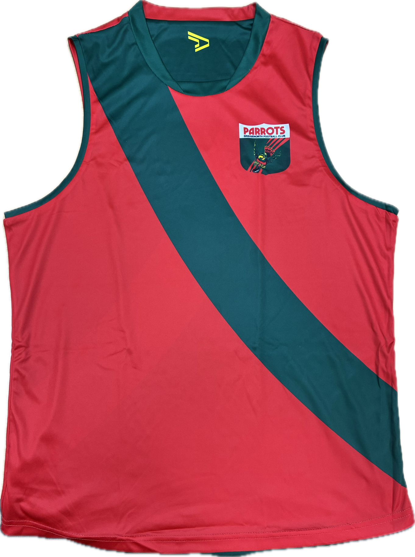 Red and green sports guernsey with a logo on a white background
