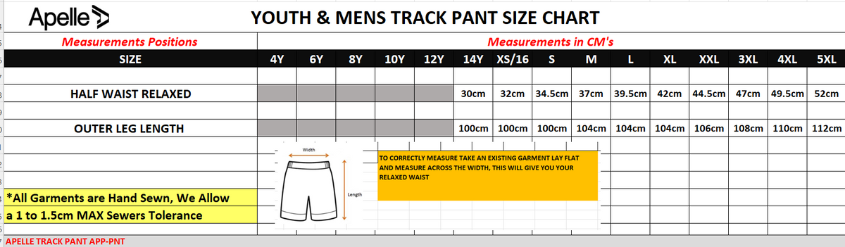 Apelle Youth & Men's Track Pant size chart with measurements 