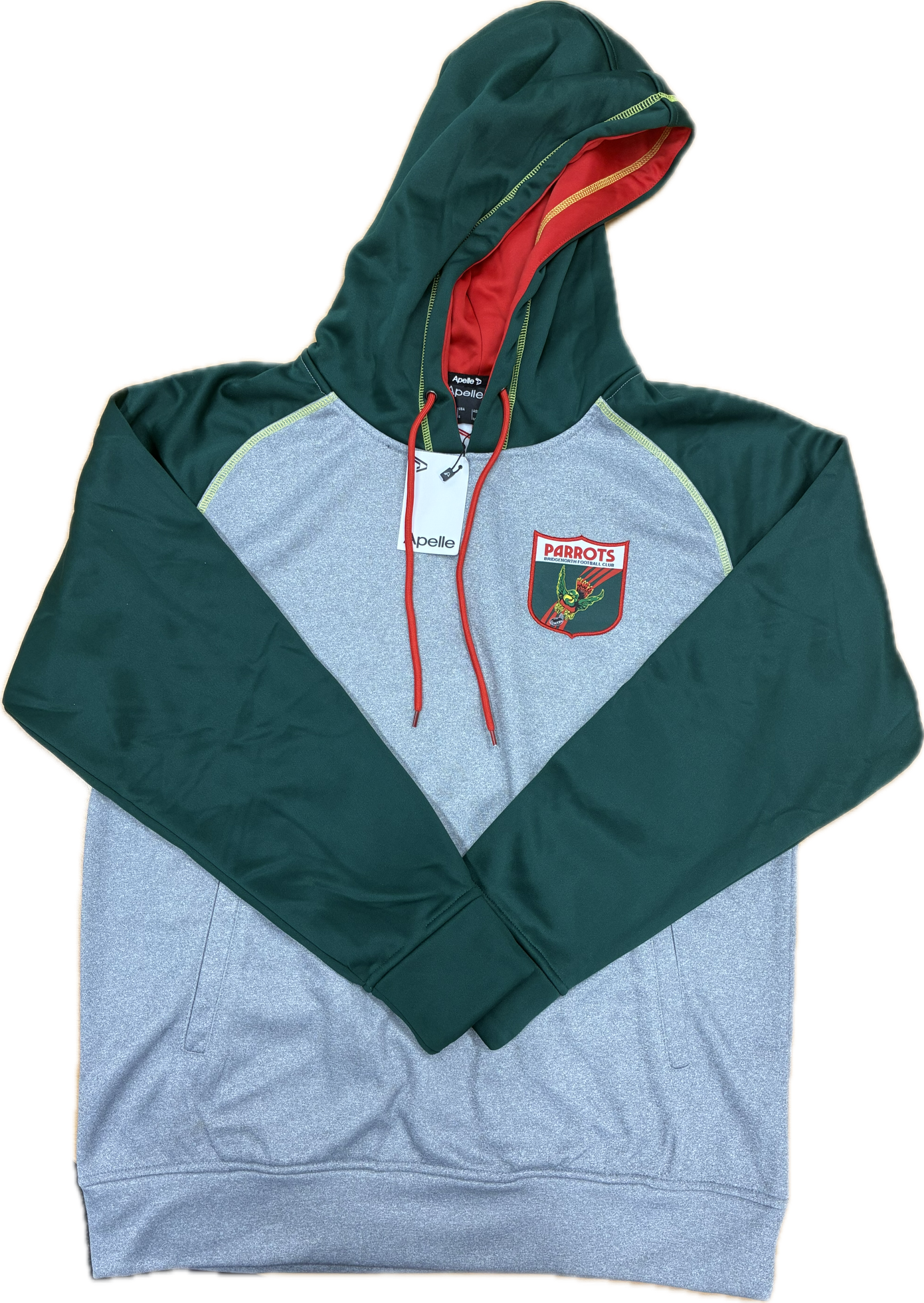 Green and gray hoodie with red drawstrings on a white background