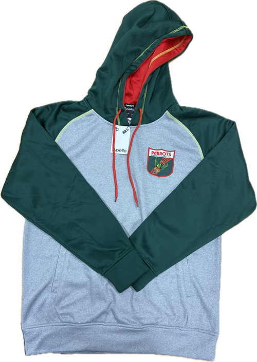 Green and gray hoodie with red drawstrings on a white background