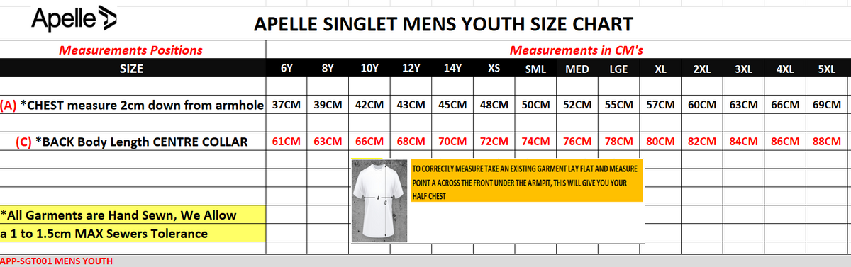 Apelle Singlet Men's Youth Size Chart with measurements 
